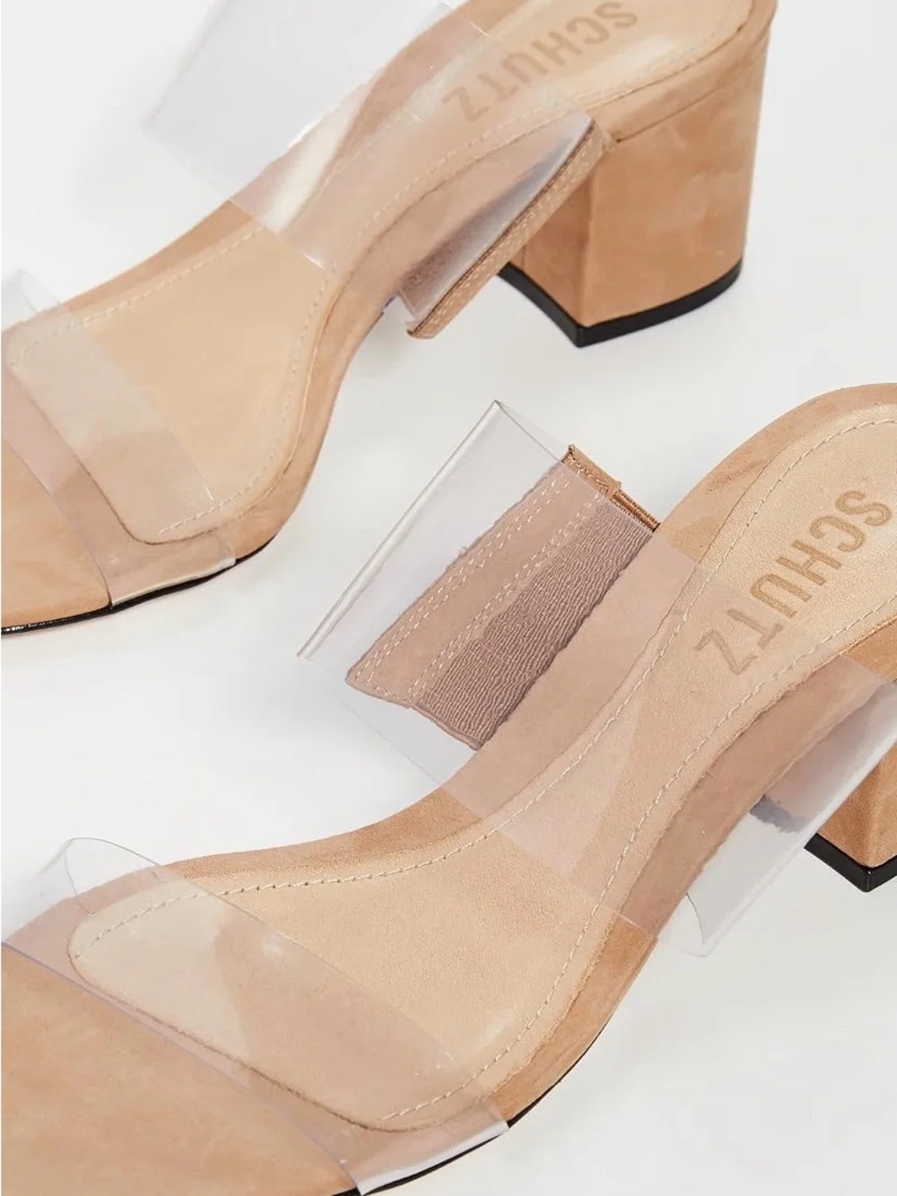 SCHUTZ Victorie Slides - Clear Double-Strap Sandal with Tan Suede Block Heel